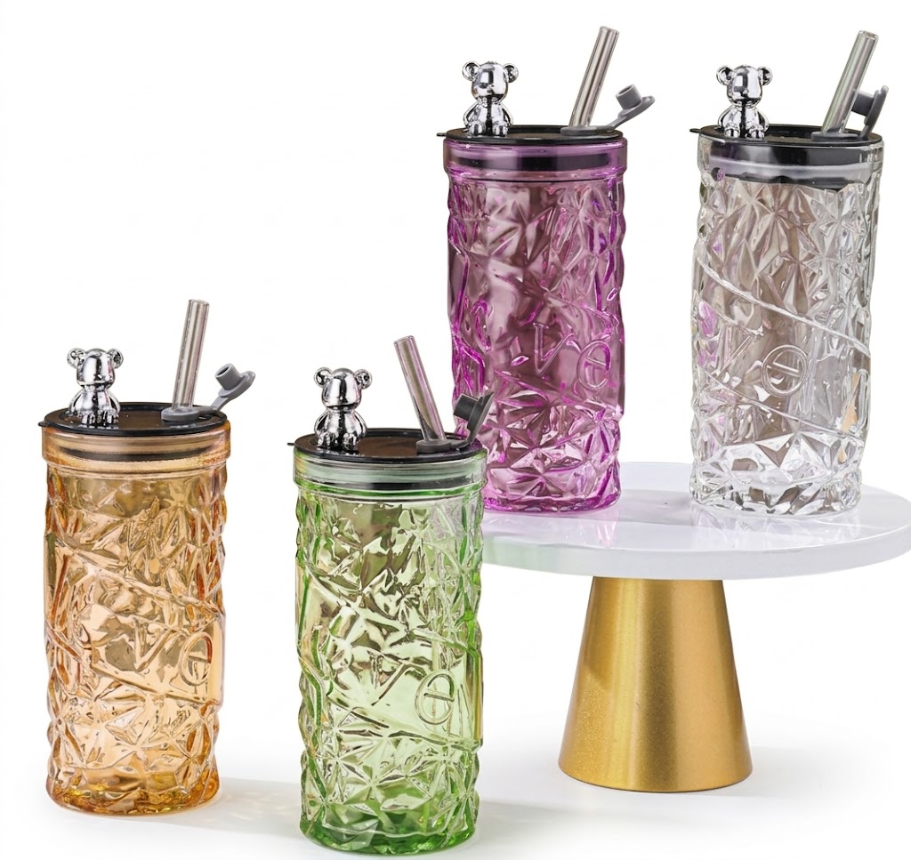 AR1439 ( Premium Crystal Textured Glass Tumbler with Bear Lid & Straw ) PcsCtn.80 - Image 2