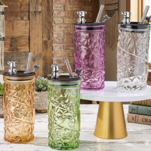 AR1439 ( Premium Crystal Textured Glass Tumbler with Bear Lid & Straw ) PcsCtn.80
