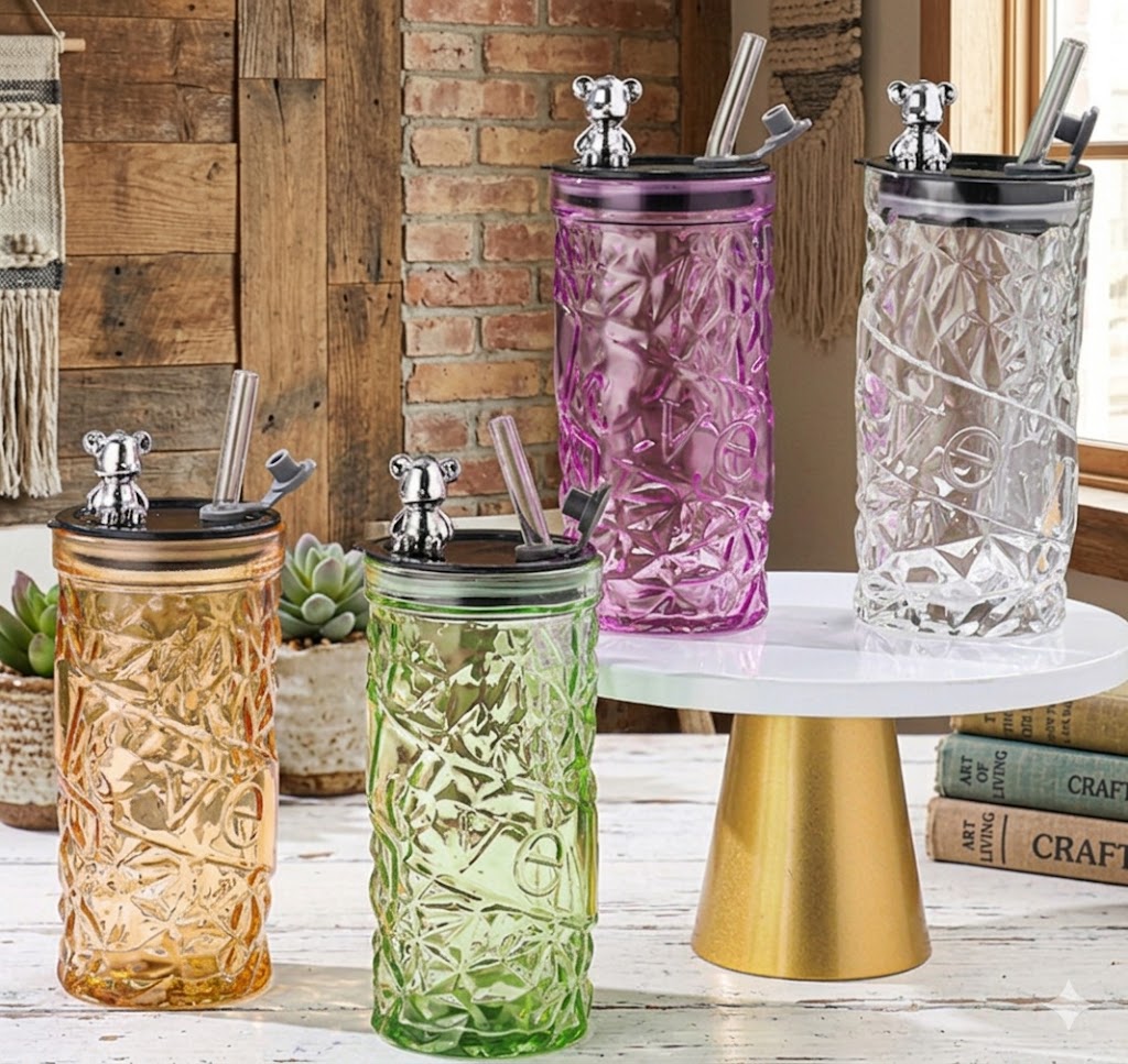 AR1439 ( Premium Crystal Textured Glass Tumbler with Bear Lid & Straw ) PcsCtn.80