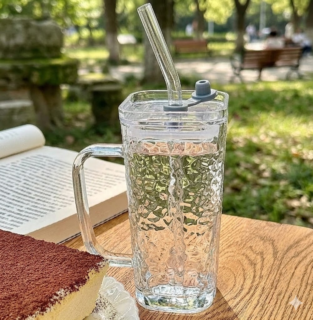 AR1512 ( Premium Hammered Glass Mug with Lid & Straw ) PcsCtn.70