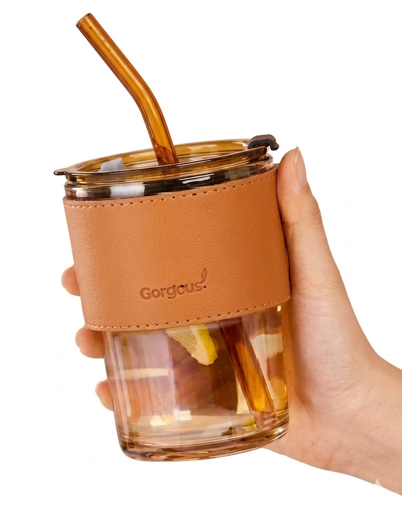 1331 (Gorgeous Premium Glass Tumbler with Straw & Leather Sleeve) - Image 2