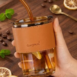 1331 (Gorgeous Premium Glass Tumbler with Straw & Leather Sleeve)