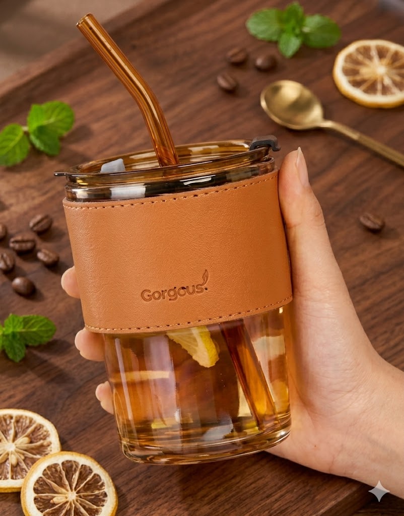 1331 (Gorgeous Premium Glass Tumbler with Straw & Leather Sleeve)