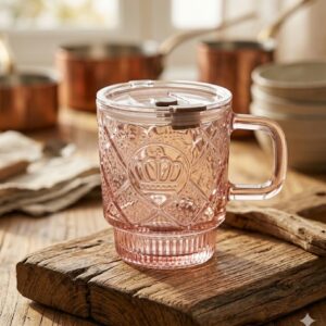 1431 ( Vintage-Style Crown Embossed Pink Glass Mug with Lid )