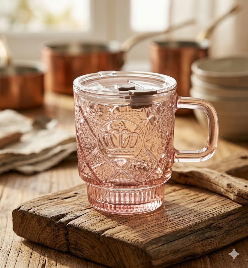 1431 ( Vintage-Style Crown Embossed Pink Glass Mug with Lid )
