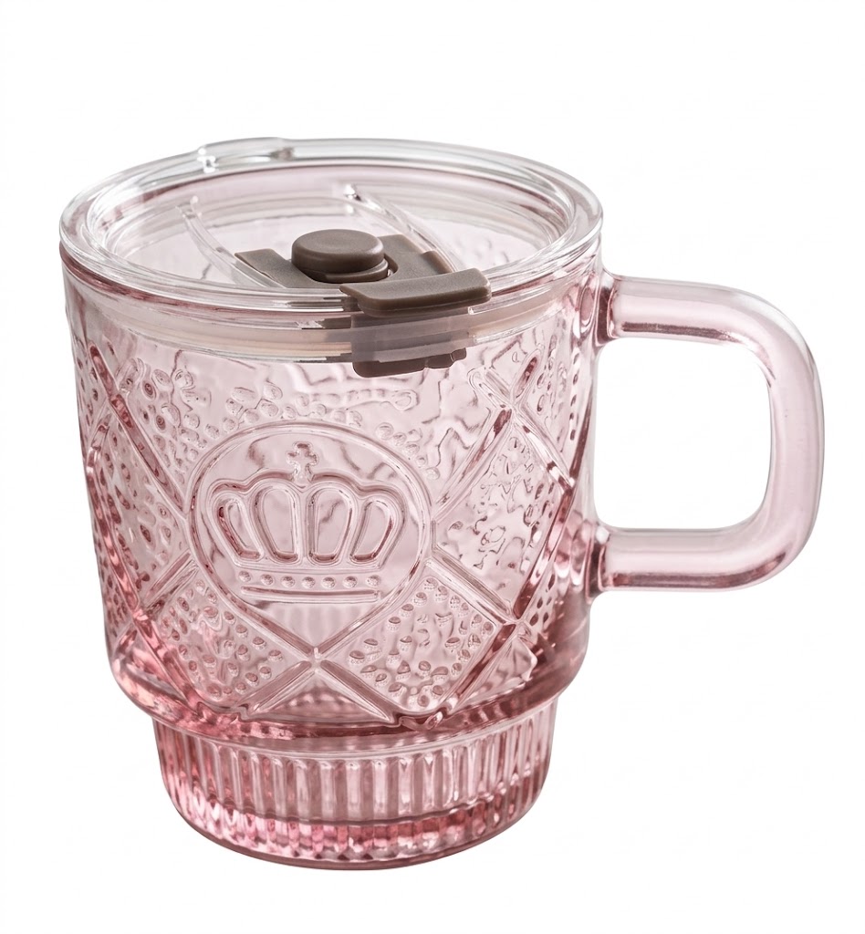 1431 ( Vintage-Style Crown Embossed Pink Glass Mug with Lid ) - Image 2