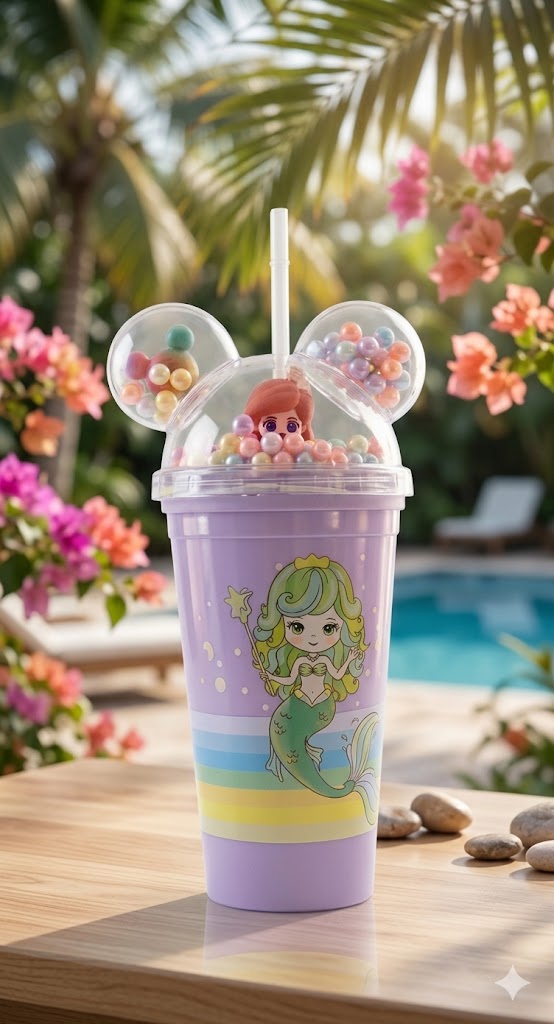 1682 ( Whimsical Mermaid-Themed Purple Tumbler with Mickey-Ear Dome Lid )