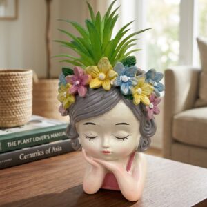 2015 (Cute Girl Face Planter with Artificial Succulent & Floral Crown)