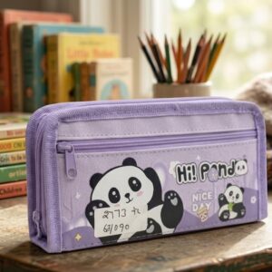 2773 ( Cute Panda Double Zip Pencil Pouch – Multipurpose Kids Stationery Organizer Case (Purple) )