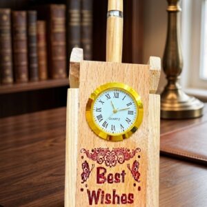 299 (Best Wishes Wooden Pen Holder with Mini Quartz Clock)