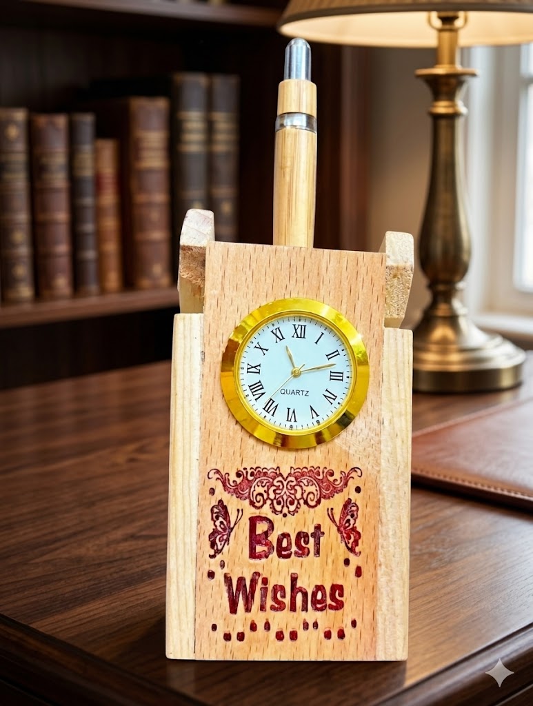 299 (Best Wishes Wooden Pen Holder with Mini Quartz Clock)