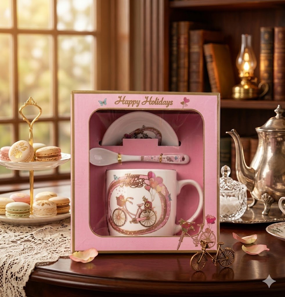3377 (Charming Pink Holiday Bicycle Mug Gift Set)