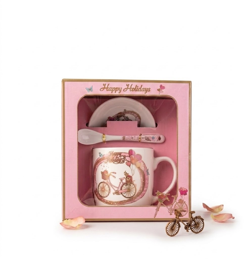 3377 ( Happy Holidays Pink Bicycle Ceramic Mug Gift Set with Lid & Spoon ) - Image 2