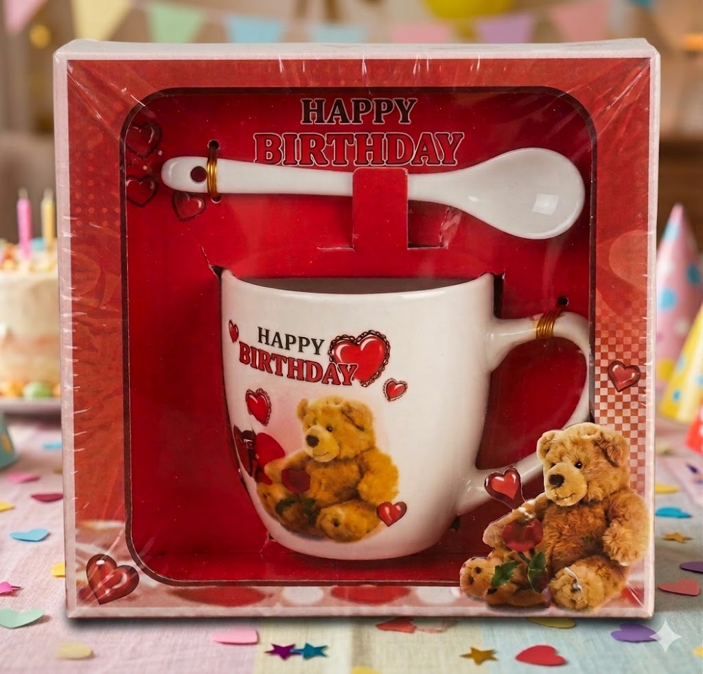619 ( "Happy Birthday" Teddy Bear Ceramic Mug & Spoon Gift Set )