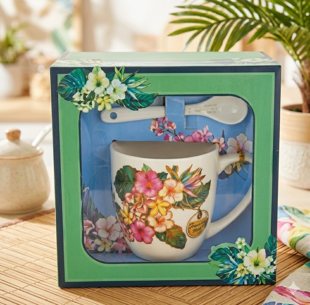 7019 ( Tropical Floral Ceramic Mug Gift Set with Spoon )
