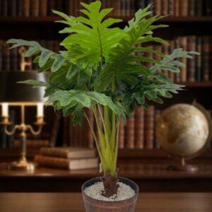 7269 (Tropical Split-Leaf Artificial Plant in Rustic Wooden Finish Pot)