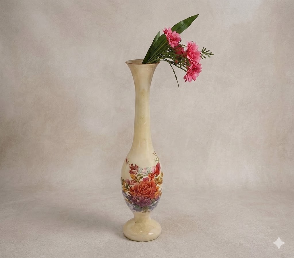 740 A ( Elegant Floral Metal Floor Vase – 30 Inch Decorative Cream Finish Vase )