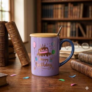 744 ( "Happy Birthday" Lavender Ceramic Mug with Bamboo Lid & Spoon Set )