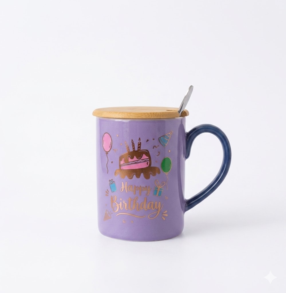 744 ( "Happy Birthday" Lavender Ceramic Mug with Bamboo Lid & Spoon Set ) - Image 2