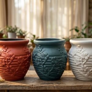 949 (Floral Embossed Ceramic Planter Pot Set)