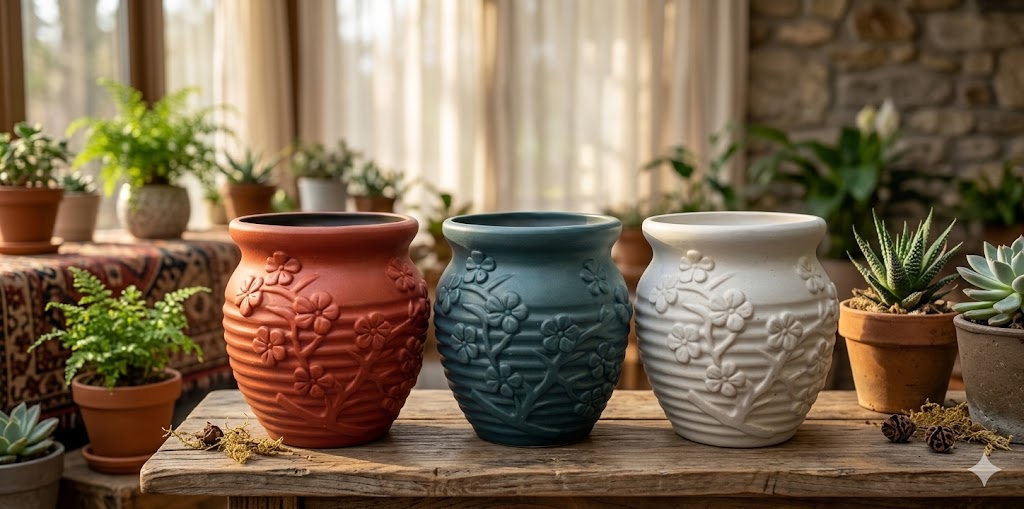 949 (Floral Embossed Ceramic Planter Pot Set)