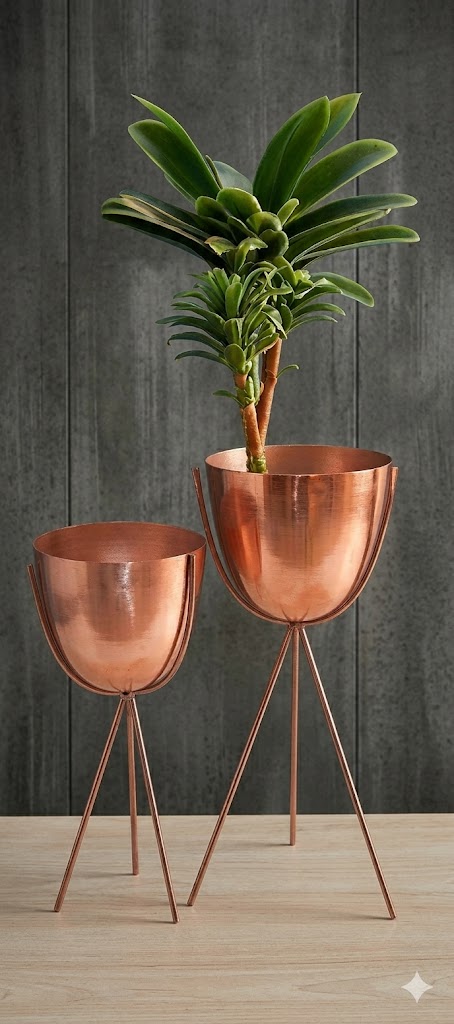 Luxury Copper Finish Metal Planter Stand Set with Artificial Green Plant