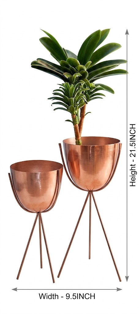 Luxury Copper Finish Metal Planter Stand Set with Artificial Green Plant - Image 2