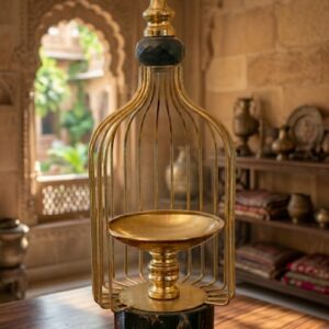 PJ-789 ( Royal Cage Candle Holder Showpiece – Luxury Gold Metal Décor Accent )