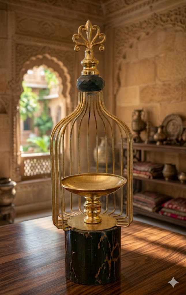 PJ-789 ( Royal Cage Candle Holder Showpiece – Luxury Gold Metal Décor Accent )