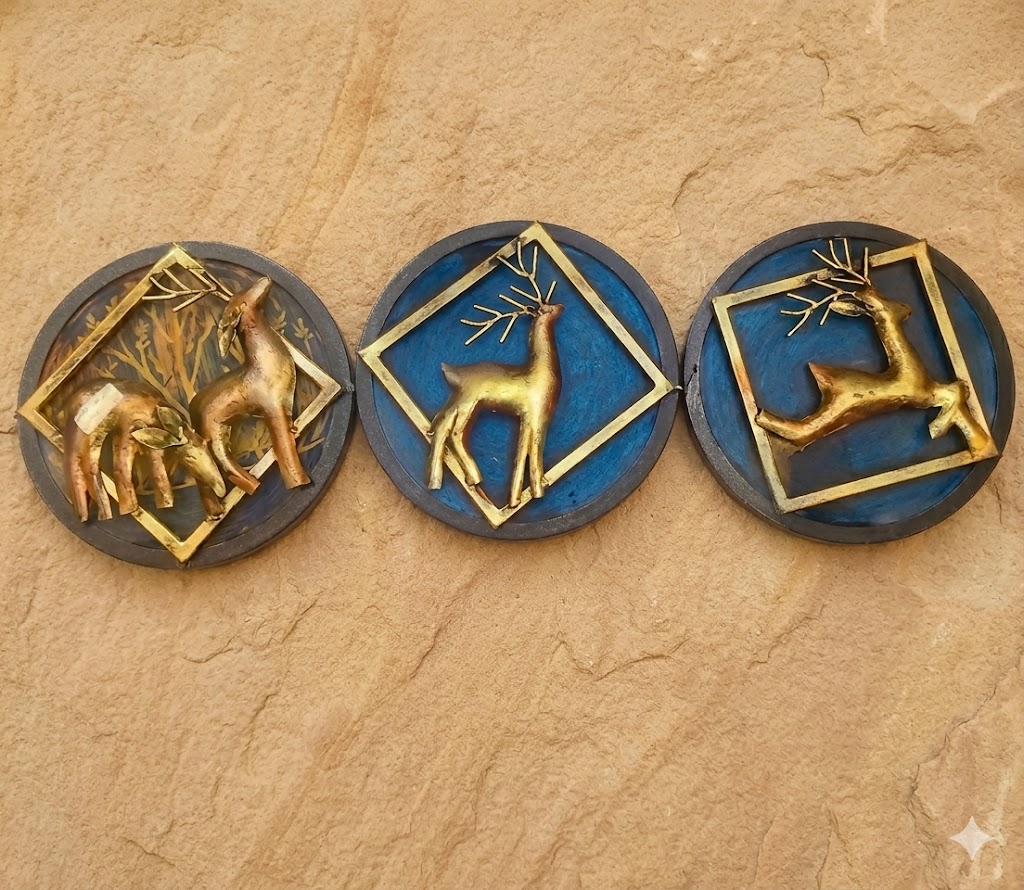 Golden Deer Trio Wall Art Set – Rustic Blue & Gold Metal Decor (Set of 3)