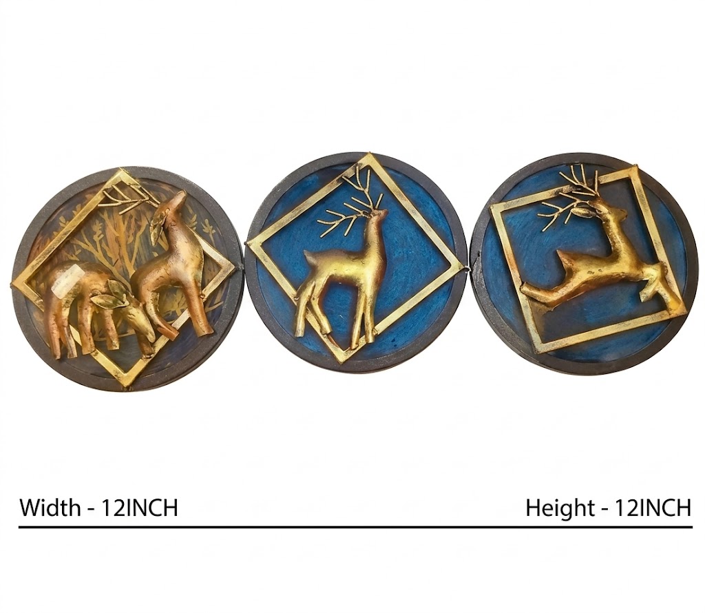 Golden Deer Trio Wall Art Set – Rustic Blue & Gold Metal Decor (Set of 3) - Image 2