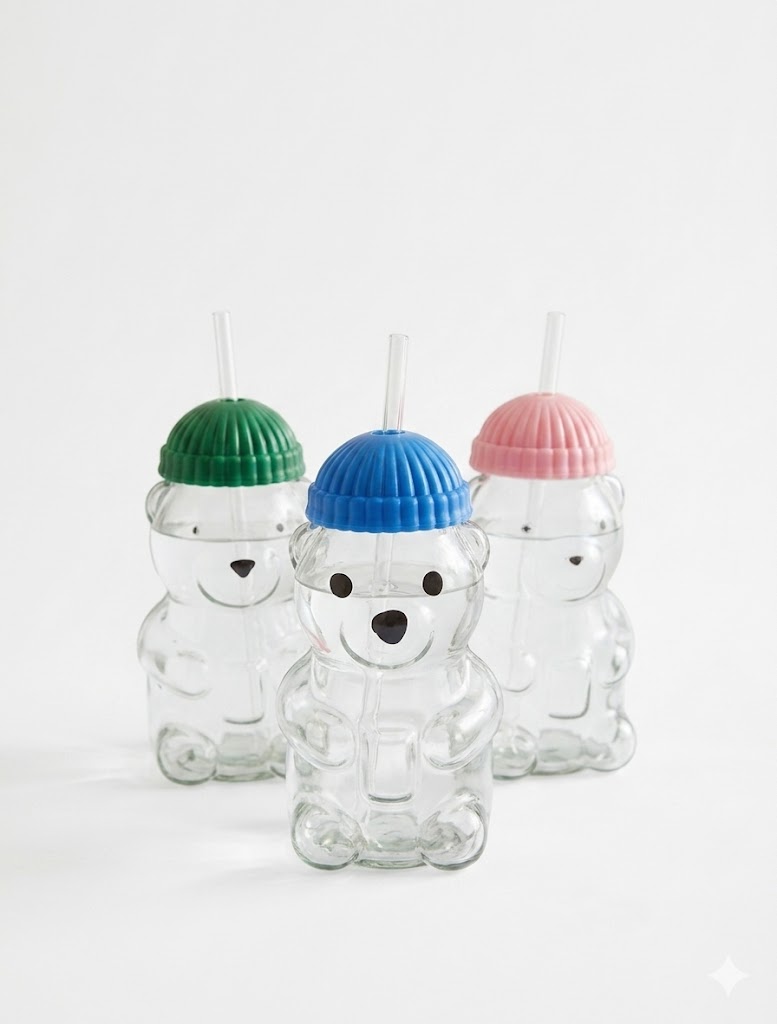 AR3429 ( Cute Bear Glass Drinking Bottle with Straw & Colorful Lid ) ( PcsCtn.70 ) - Image 2