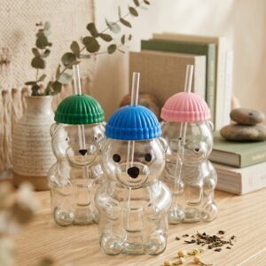 AR3429 ( Cute Bear Glass Drinking Bottle with Straw & Colorful Lid ) ( PcsCtn.70 )