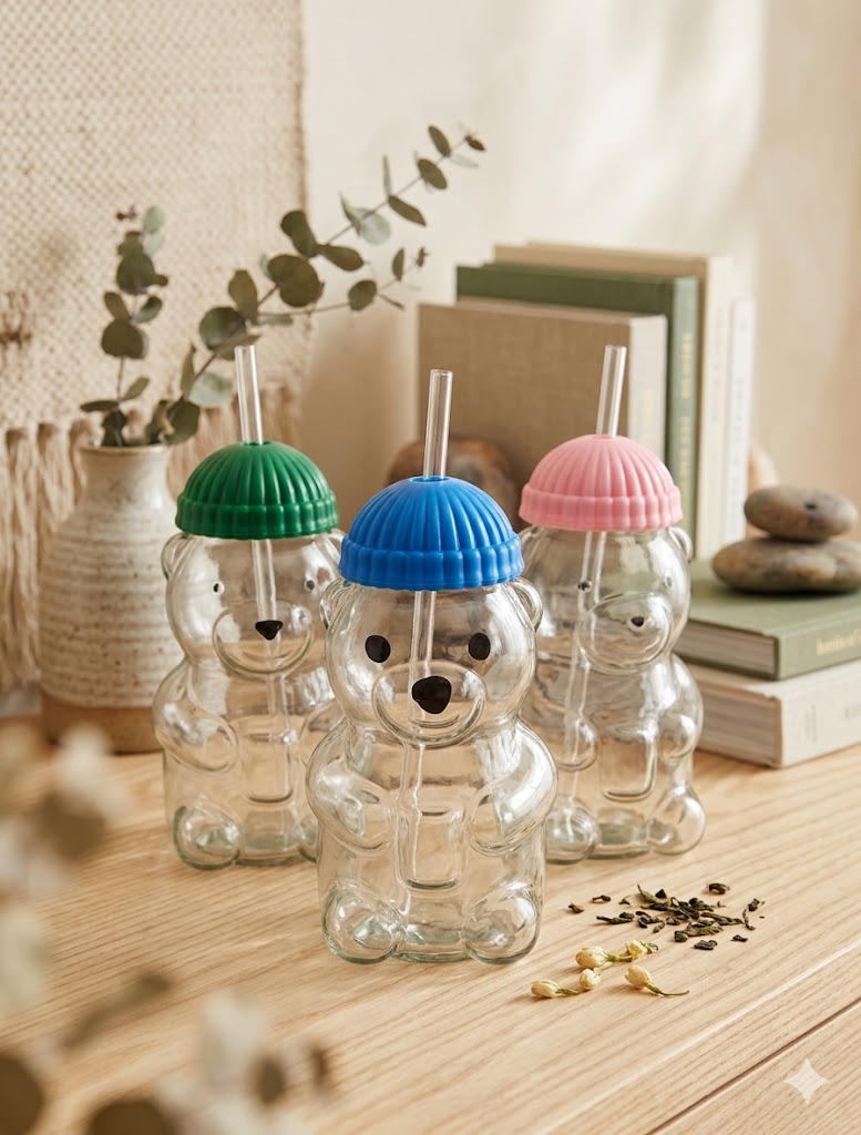 AR3429 ( Cute Bear Glass Drinking Bottle with Straw & Colorful Lid ) ( PcsCtn.70 )
