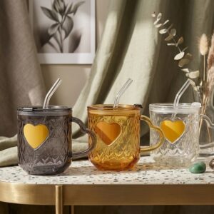 AR3430 ( Heart Handle Glass Mug with Straw & Lid – Crystal Drinkware Collection ) (PcsCtn.70 )