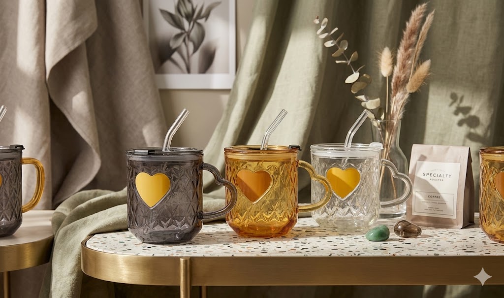 AR3430 ( Heart Handle Glass Mug with Straw & Lid – Crystal Drinkware Collection ) (PcsCtn.70 )