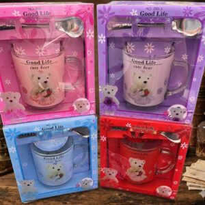 AR5140 ( Good Life Cute Bear Glass Mug Gift Set with Spoon & Lid (Multicolor Collection) ( PcsCtn.96 )