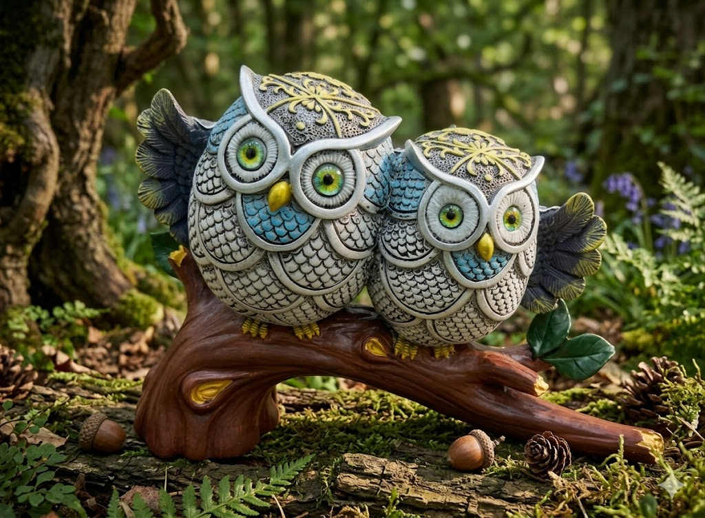 YS1850 ( Twin Owl Couple on Rustic Branch Polyresin Showpiece ) ( PcsCtn.36 )