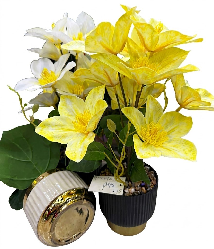 YS1972 ( Yellow & White Clematis Artificial Flower Arrangement in Decorative Pot ) ( PcsCtn.48 ) - Image 2