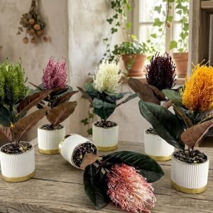 YS1979 ( Artificial Banksia Flower Arrangement in Decorative Ribbed Pot (Assorted Colors) ) ( PcsCtn.72 )