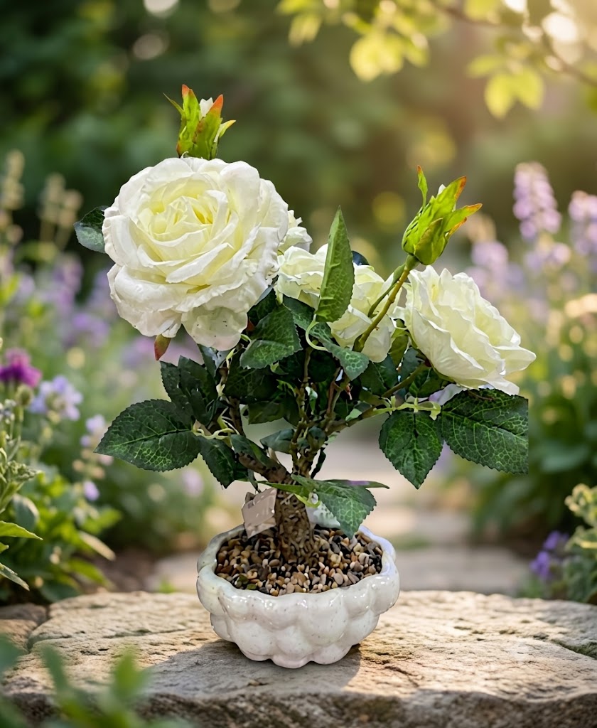 YS1980 ( Artificial White Rose Bonsai Arrangement in Decorative Ceramic Pot ) ( PcsCtn.12 )