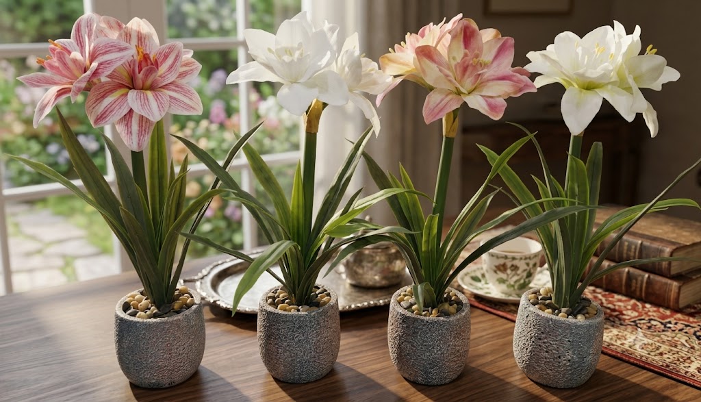 YS1998 ( Artificial Amaryllis Lily Flower Arrangement in Decorative Pebble Pot ) ( PcsCTn.24 )
