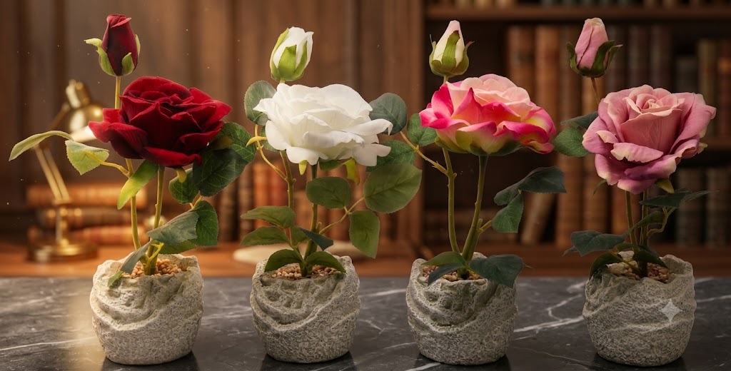 YS2002 ( Artificial Single Rose Flower Arrangement in Decorative Stone-Texture Pot ) ( PcsCtn.48 )