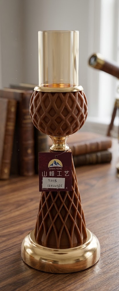 YS2011 ( Royal Brown Geometric Hurricane Candle Holder – Gold Edition ) ( PcsCtn.24 )