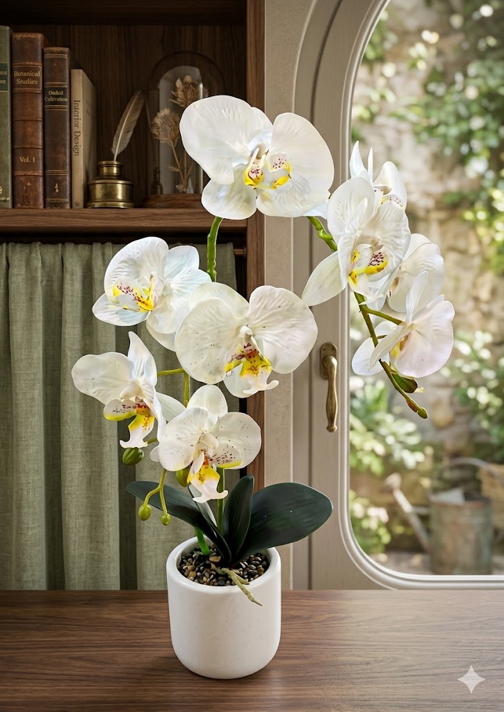Artificial White Phalaenopsis Orchid Arrangement in Decorative Pot