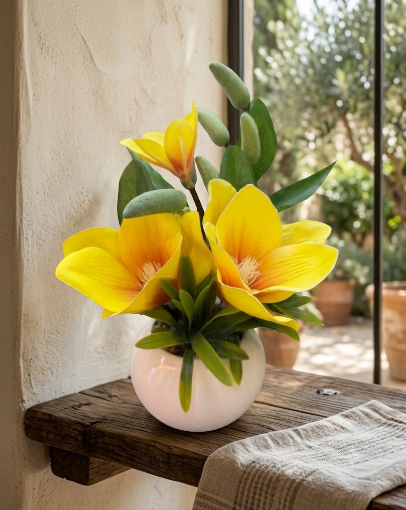 Artificial Yellow Orchid Floral Arrangement in Ceramic Decorative Pot