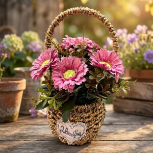 YS2066 ( Artificial Pink Daisy Flower Arrangement in Handwoven Decorative Basket ) ( PcsCtn.72 )