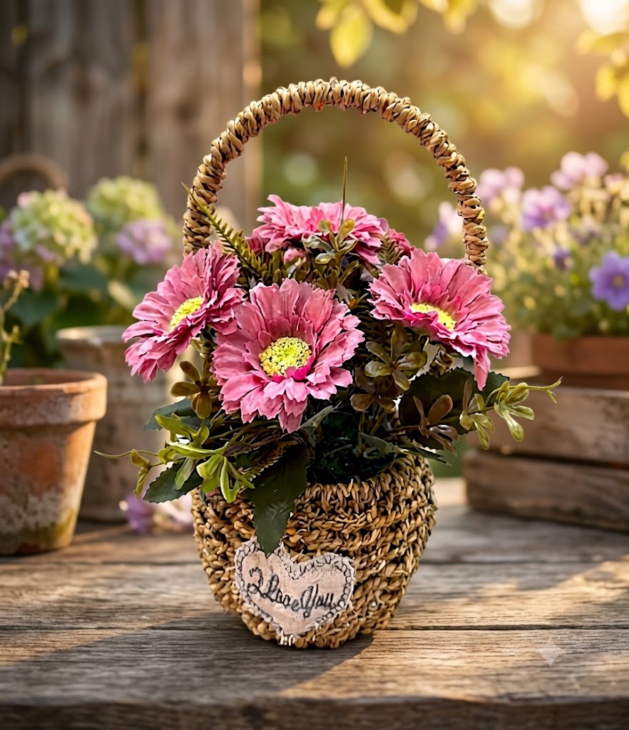 YS2066 ( Artificial Pink Daisy Flower Arrangement in Handwoven Decorative Basket ) ( PcsCtn.72 )
