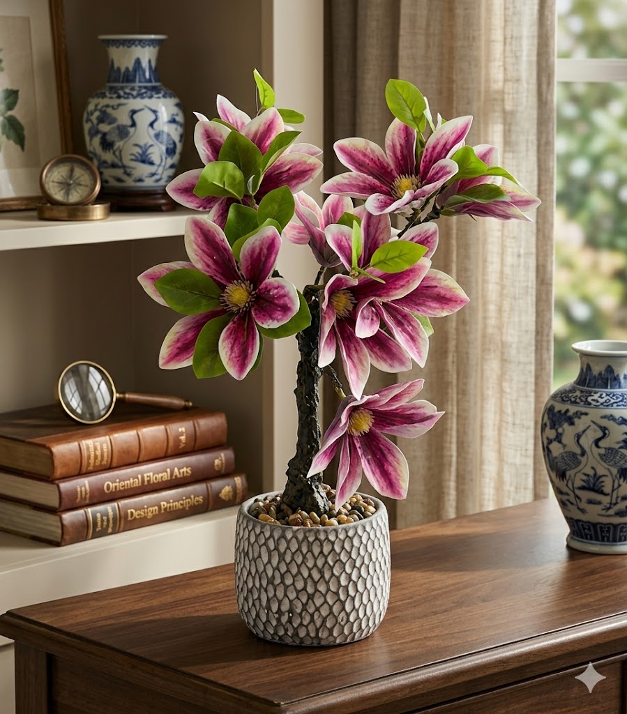 YS2071 ( Artificial Pink Magnolia Bonsai Tree in Textured Decorative Pot ) ( PcsCtn.24 )