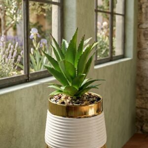 Artificial Aloe Succulent Plant in Modern Gold Stand Planter